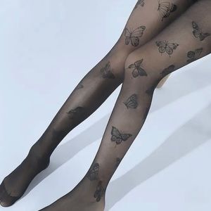 Butterfly Pattern Pantyhose, High Waist Semi-Sheer Footed
